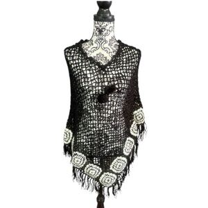 Boho Black and White Crochet Poncho with Fringe